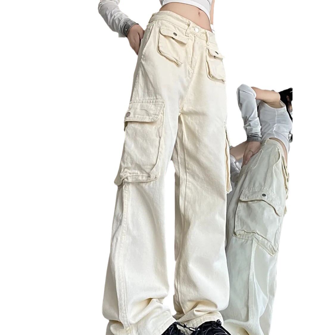 Womens White Cargo Pants Loose Fit Multi Pocket Design Flattering Wide Leg Trendy Autumn Wear Wholesale Available