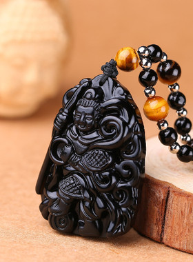 天然水晶黑曜石哪吒三太子吊坠中坛元帅善胜童子大将军玉石国风