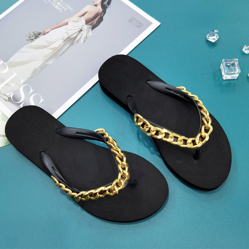 23 New Fashion Flat Flip Flop Women's Summer Beach Shoes Chain Korean Style Rhinestone Women's Slippers Can Be Weared Outside in the Water