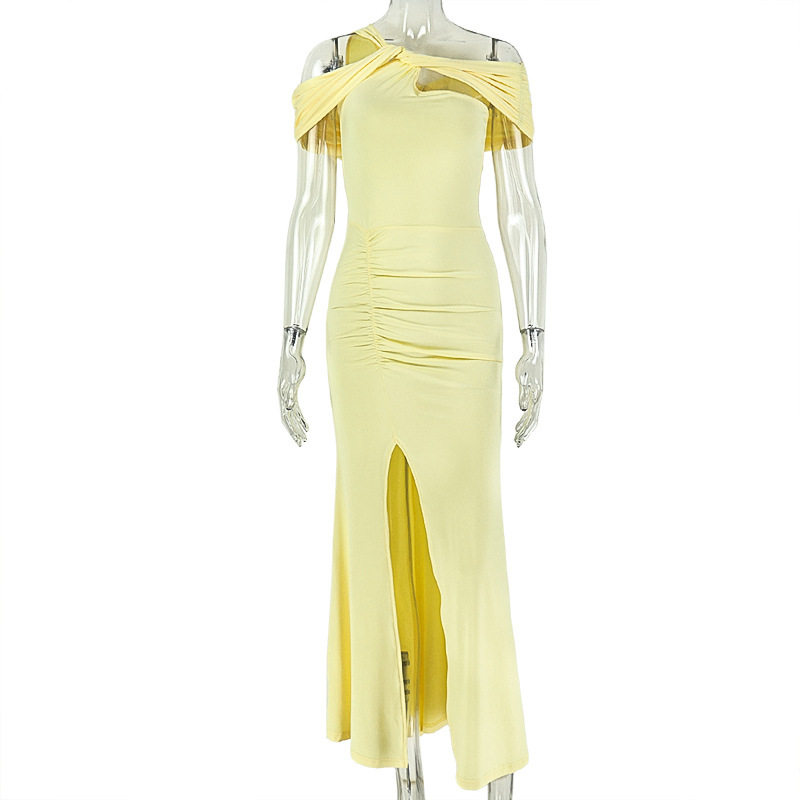 Slim Fit Solid Color Long Bodycon Dress with Asymmetrical Design Off Shoulder Neckline Split Detail Fashionable Style