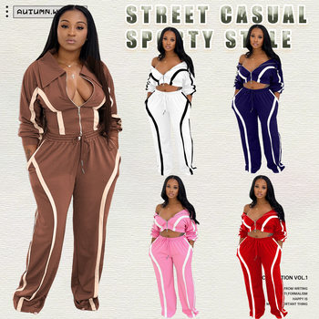 M3092 Amazon's Hottest Women's Autumn and Winter Contrasting Color Long-Sleeved Cardigan Sports Style Two-Piece Fashion Casual Suit