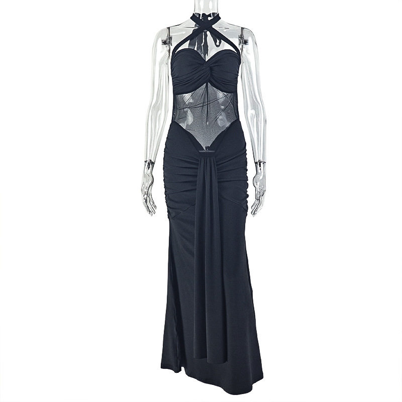 European Style Womens Bodycon Dress Solid Color Cross Neck Spliced Design Slim Fit Perfect for Office Wear