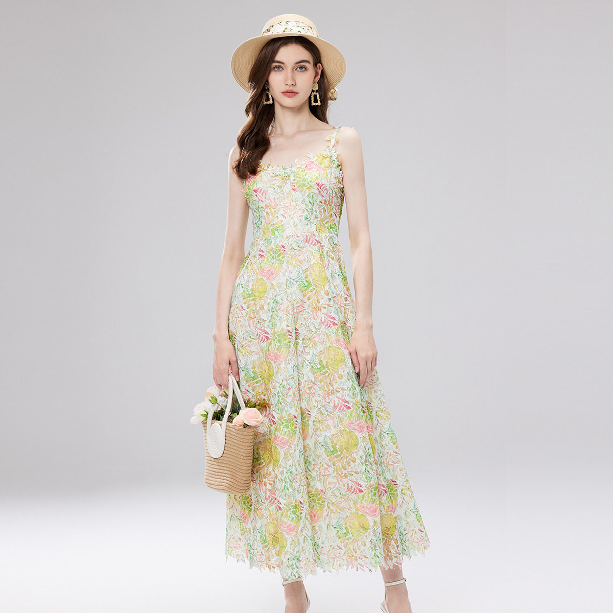 French Inspired Summer Dress Colorful 3D Floral Embroidery Hollow Out Design Lace Fabric Perfect for Casual Outings