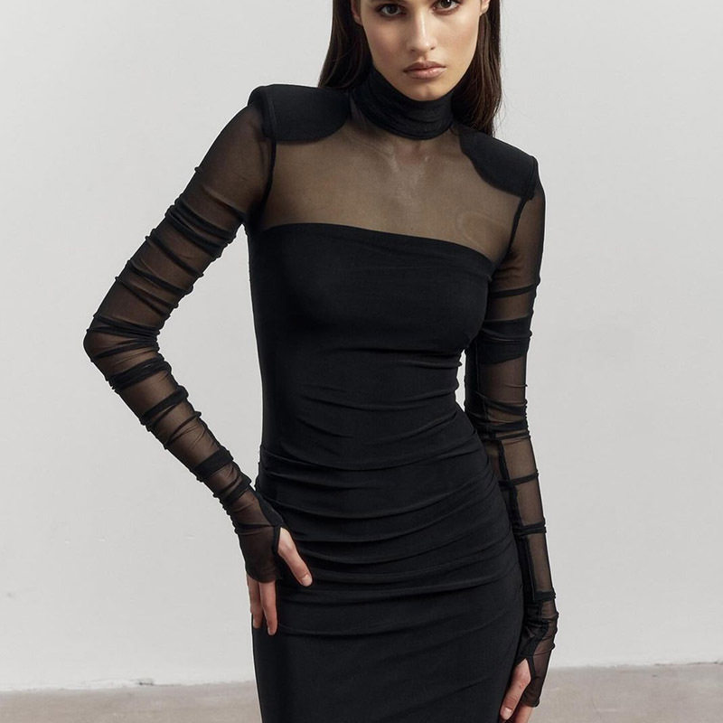 Elegant Womens Long Dress Half Turtleneck Sheer Mesh Panels Fitted Silhouette Solid Color Shoulder Pads Evening