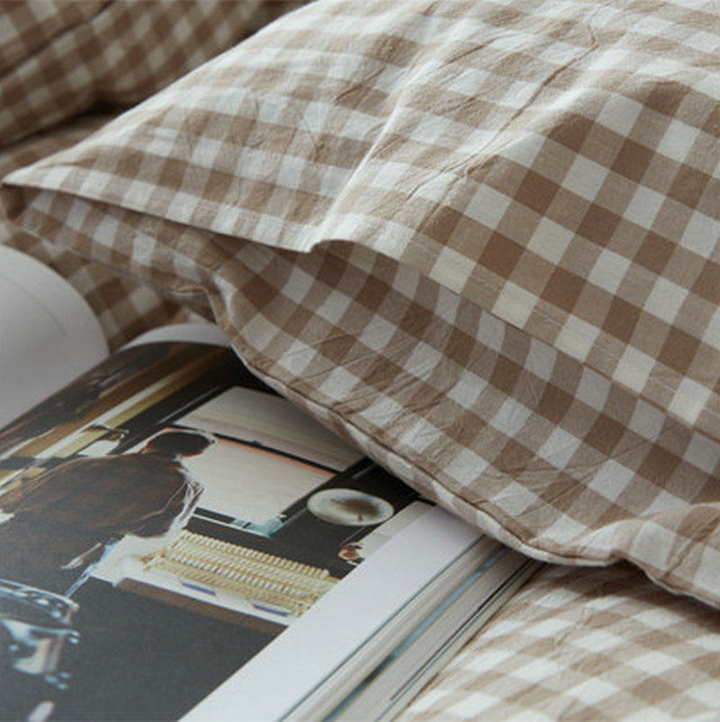 Japanese Style Washed Cotton Four-Piece Set All Cotton Naked Sleeping Soft Cotton Simple Plaid Bed Sheet Quilt Cover Bedding Kit