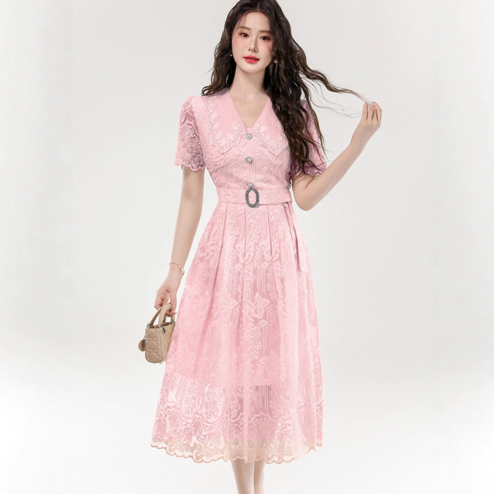 Elegant Lace V Neck Short Sleeve Dress Summer Waist Tie Slim Fit Princess Style Wholesale Availability