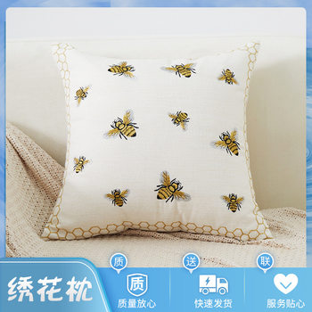 French-Style Bee Embroidery Pillowcase Wholesale Simple and Beautiful Cushion Pillow Club American-Style Off-White Craft Sofa