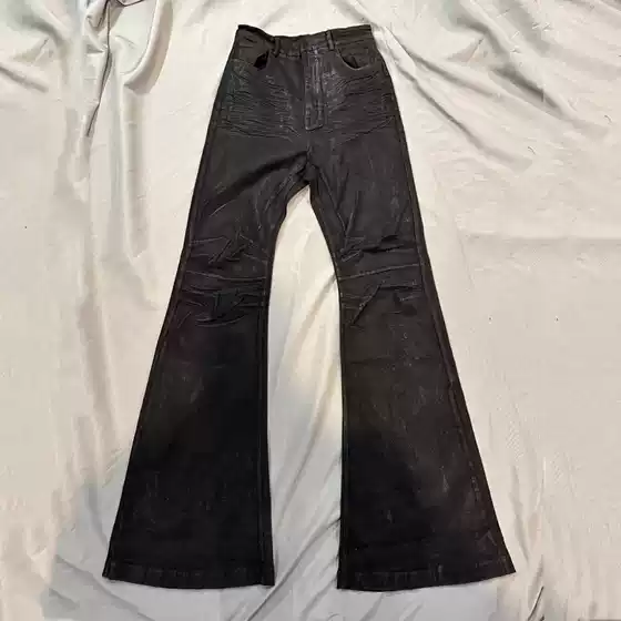American High Street Vibe Style Niche Handmade Wax-Coated Micro-Flared Floor-Length Jeans Stretch Straight Pants for Men