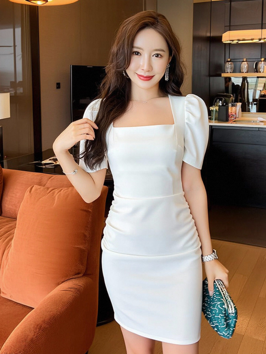 Đầm ôm body nữ cổ vuông phong cách Pháp tay ngắn — [Đen], [Trắng] chi tiết 10