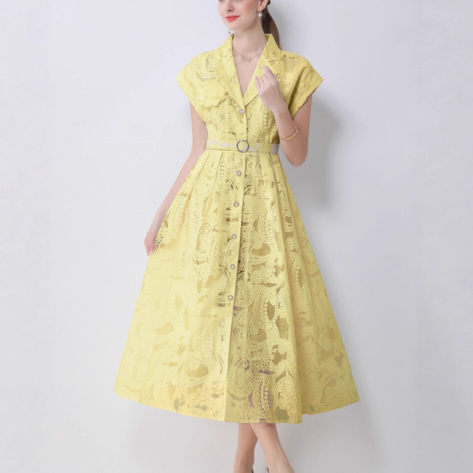 French Casual Midi Dress Short Sleeve Button Front Hollow Embroidery Belted Versatile Style for Summer Events