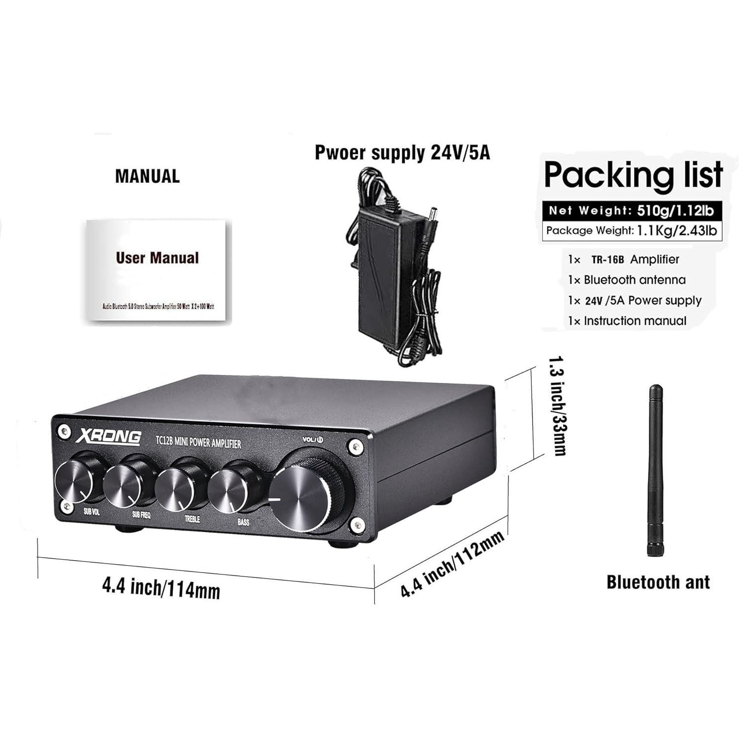 High-End Digital Bluetooth Audio Subwoofer Amplifier, 300W, Stereo High-Power Audio Amplification