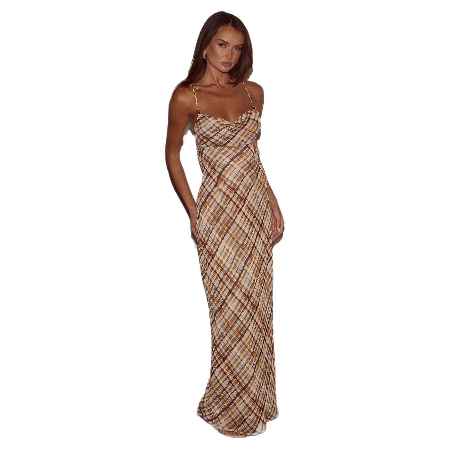 Summer Womens Bodycon Dress Sexy Backless Design Stylish Plaid Pattern Adjustable Straps Perfect for Parties or