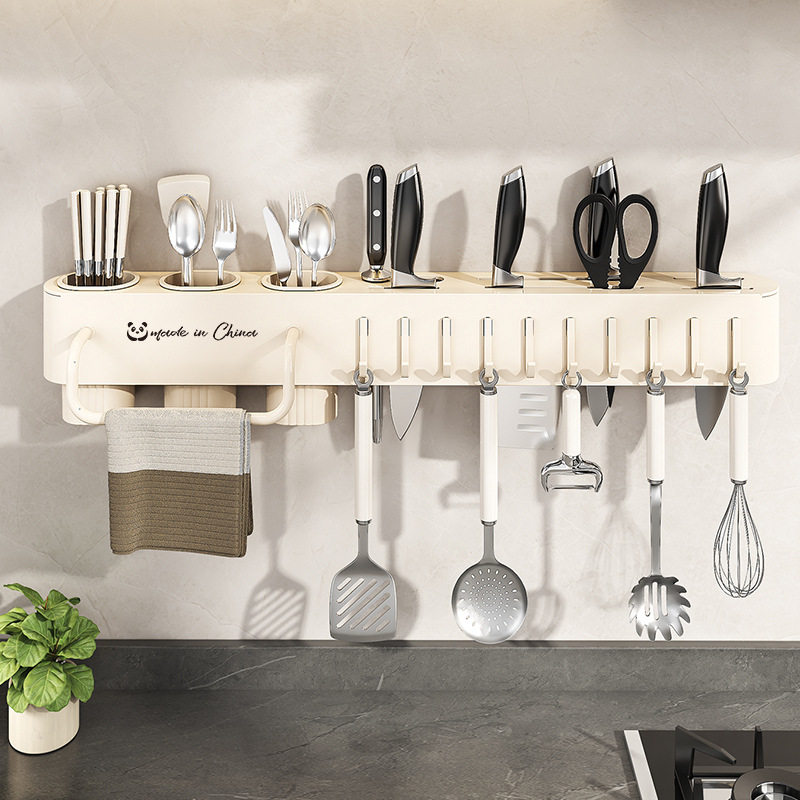 No-Drill Kitchen Knife Holder Storage Rack Wall-Mounted Multifunctional Chopstick Holder Integrated Chopstick and Knife Storage Rack Large Capacity