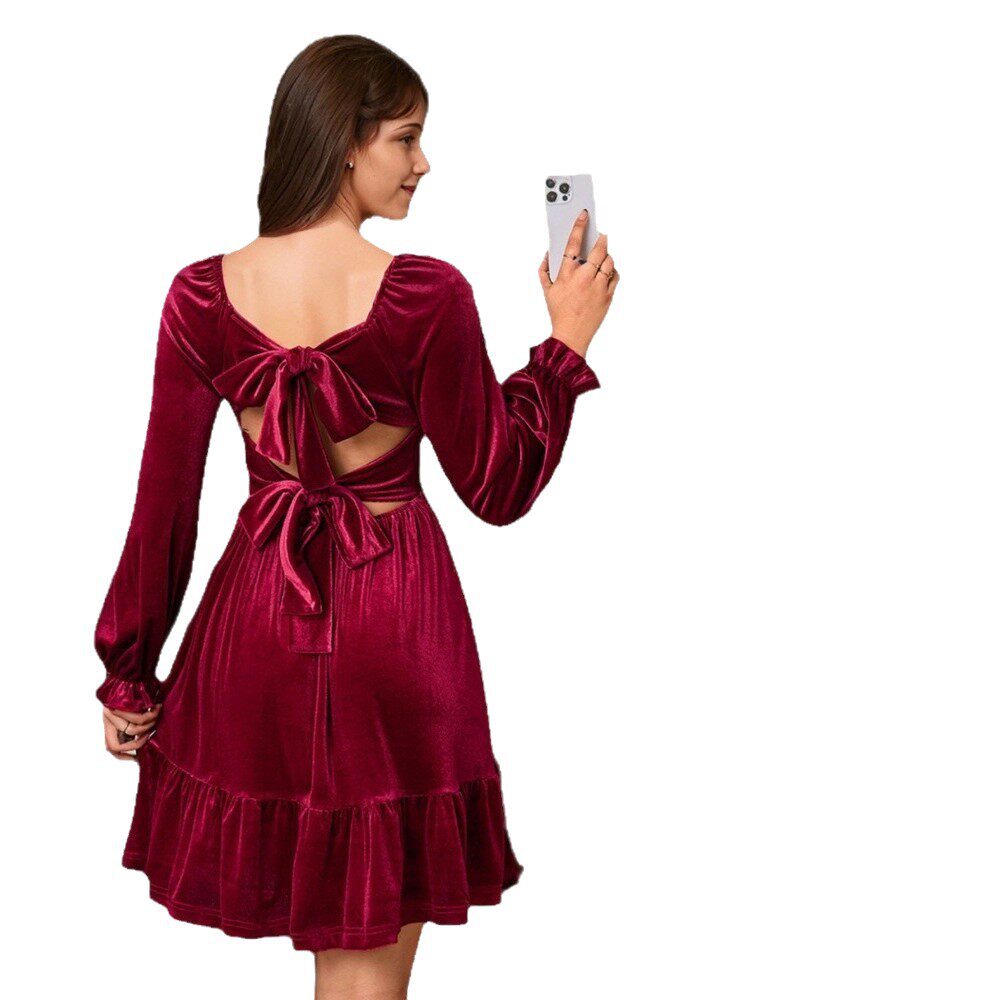 French Style Velvet Midi Dress Elegant Burgundy Color Spring Summer Collection Wholesale Available