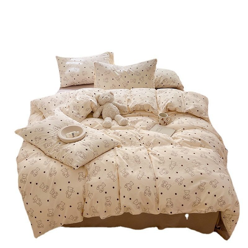 Thickened Double-Layer Yarn Four-Piece Bedding Cartoon Cute Bed Sheet Quilt Cover Bed Cover Cotton and Linen Dormitory Three-Piece Set