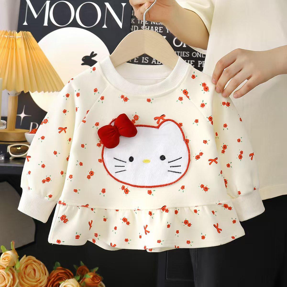Girls' Autumn Pullover Hoodie, New Cute Stylish Cartoon Cat & Rabbit Print Floral Hem Top