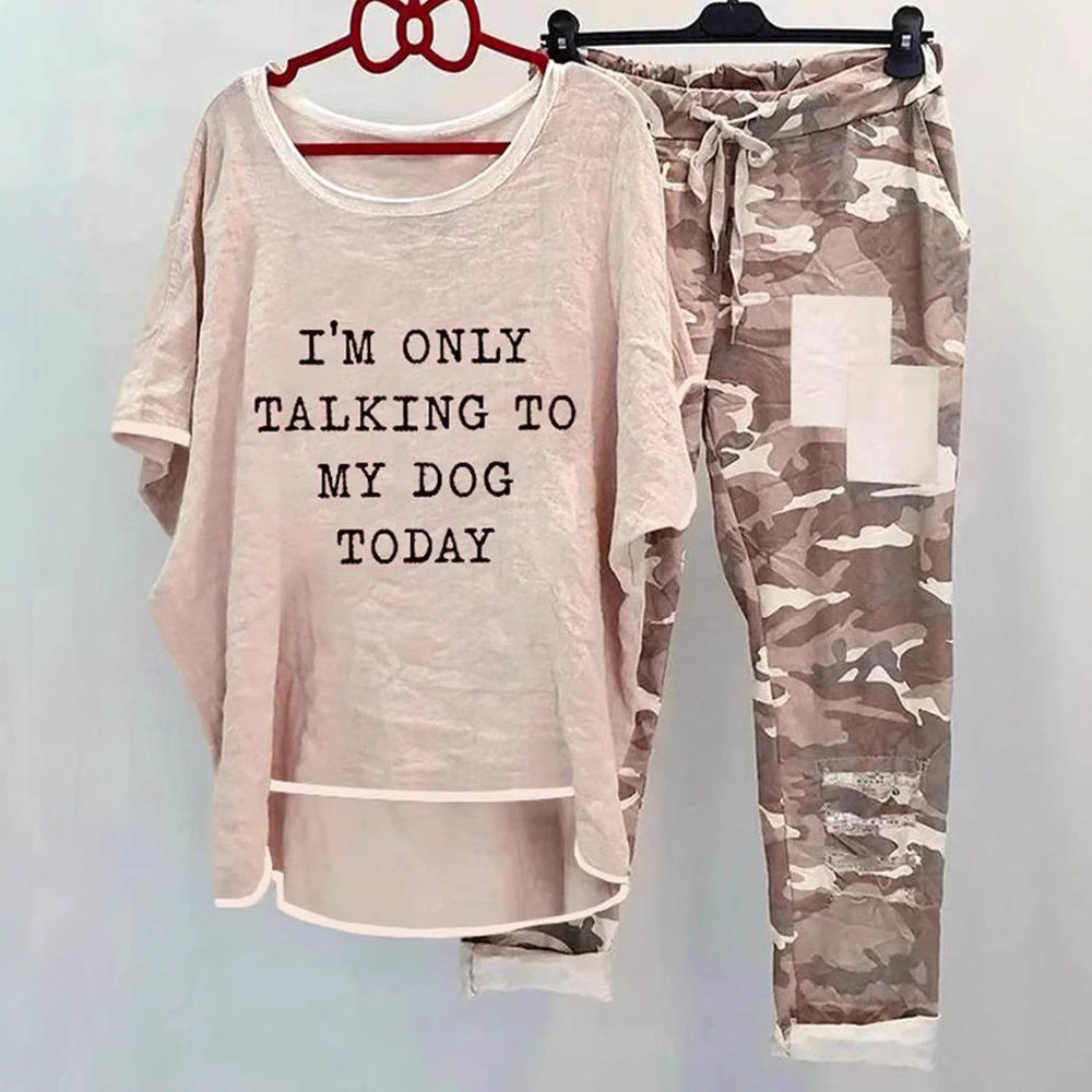 Casual Camouflage Print Set Short Sleeve Top Comfortable Pants Autumn Fashion Wholesale Available