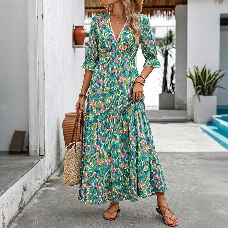 Abstract Print V Neck Midi Cake Dress Ethnic Style Short Sleeve Vacation Ready Wholesale Available