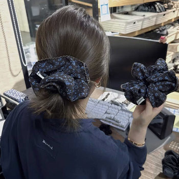 High-End Retro Coffee Blue Floral Hair Tie with Large Hair Volume, Korean New Style Ponytail Hair Tie