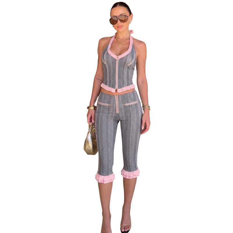 Summer Womens Outfit Set Unique Zipper Halter Neck Backless Top Ruffled Design Slim Fit 5 Point Pants Casual