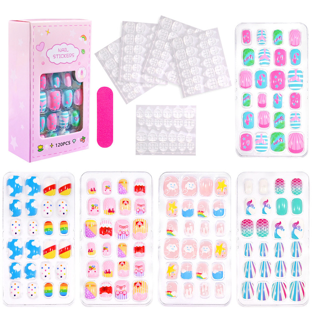 Children's Wearable Nails 120 Pieces Creative Ocean Style Kidsren's Wearable Nails Cartoon Girls Set Nails