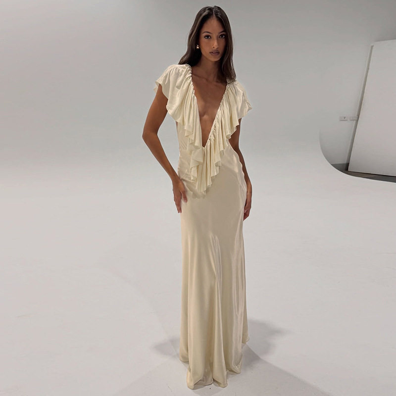 Womens Autumn Dress Ruffled Hem Sexy V Neck Backless Fitted Bodycon Elegant Evening Wear OEM Available