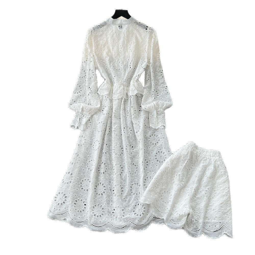 French Style Heavy Embroidery Hollow Out Long Sleeve Dress with Round Neck Two Piece Set with Shorts Elegant Casual Wear