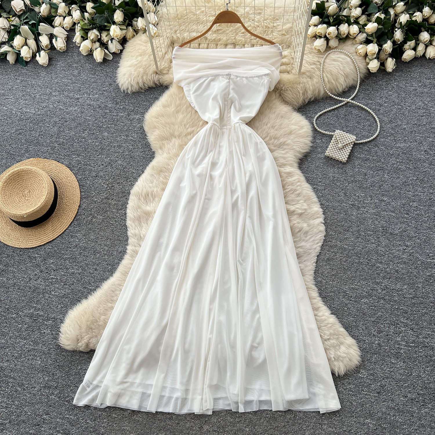 French Vacation Style Off Shoulder White A Line Dress for Women Sleeveless Waist Defining Elegant Long Summer Dress