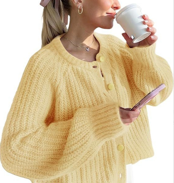 2025秋冬新品欧美跨境女街头时尚休闲纯色针织开衫圆领长袖毛衣