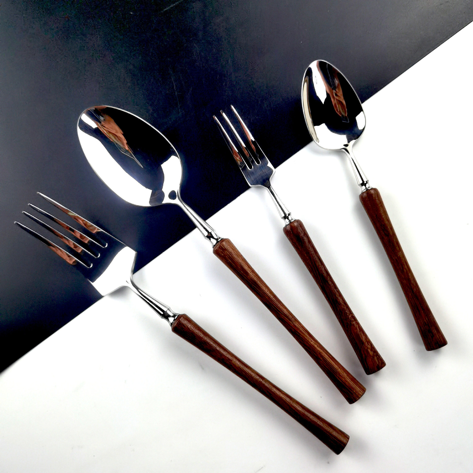 Cross-Border Exclusive Supply of Ins304 Stainless Steel Spoons, Western-Style Hotel Rosewood Handle Small Waist Knife and Fork, Chicken Wing Wood Spoon