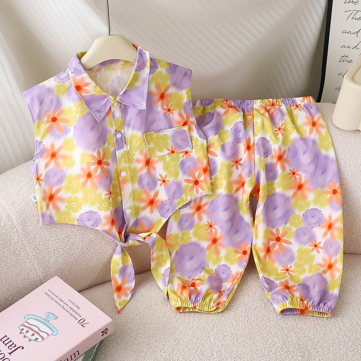 Nuovo set canotta fresca stampata bambine, estivo carino stile pastorale outfit pantaloni anti-zanzare rinfrescante