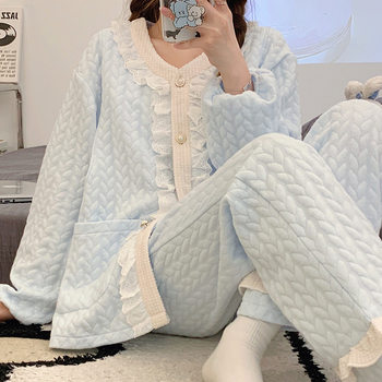 [Blueberry milk Fu] confinement clothing autumn and winter thickened air cotton maternity pajamas sandwich 300g maternity nursing clothing