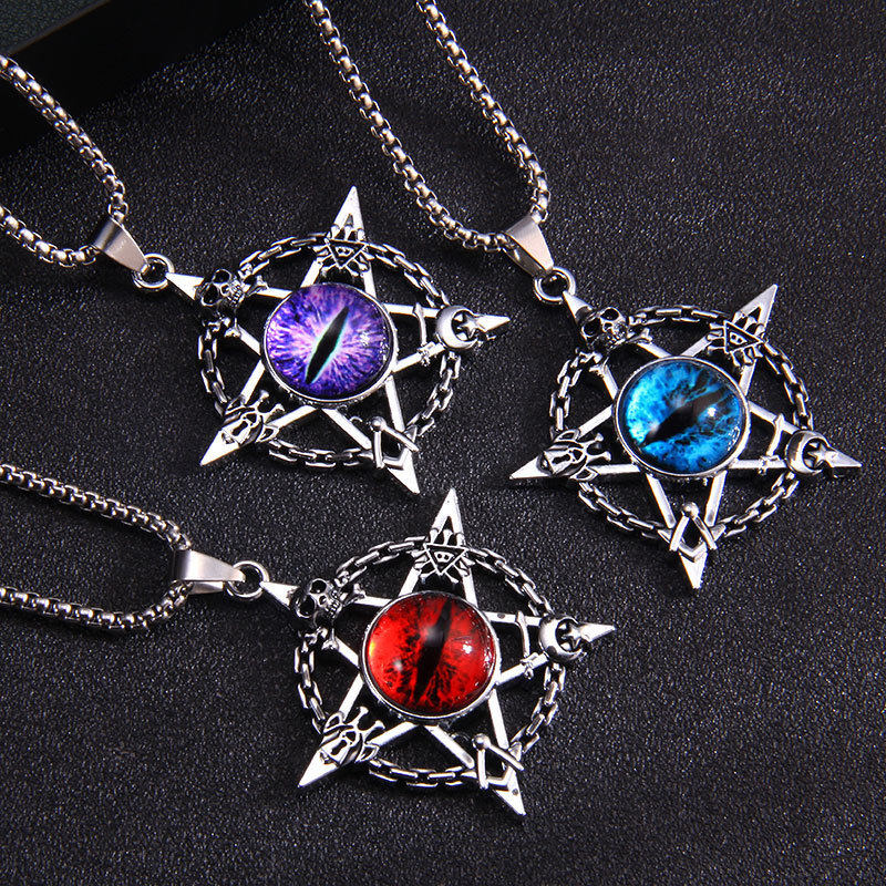 Hip hop retro style old five-pointed star Turkish blue eyes Devil's Eye necklace punk magic skull pendant