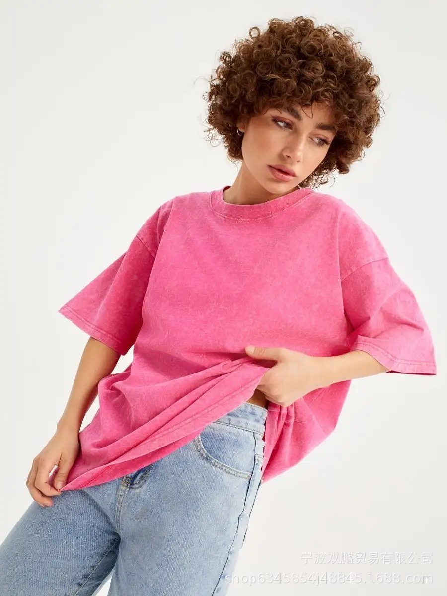 Womens Vintage Wash Dyed T Shirt Solid Color Short Sleeve 100 Cotton Spring Summer Casual Wear Wholesale Available
