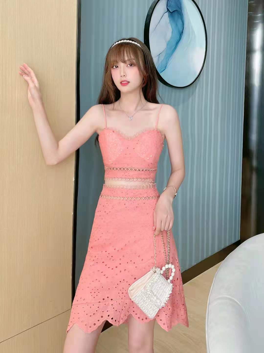 Lace Hollow Out Cami Dress Set High Quality Lined Skirt Summer Fashion for Women Wholesale Available