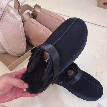 Cross-Border Large Size Winter Genuine Leather Closed-Toe Slippers, Fashionable and Versatile Flat Cotton Slippers for Outdoor Wear, Fleece-Lined, Thickened, Warm Women's Shoes