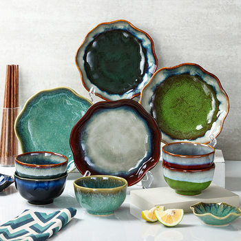 Japanese-Style Home-Use Light Luxury Retro Japanese-Style Bowls and Plates for One Person, Ceramic Kiln-Fired Tableware Set, Light Luxury Style