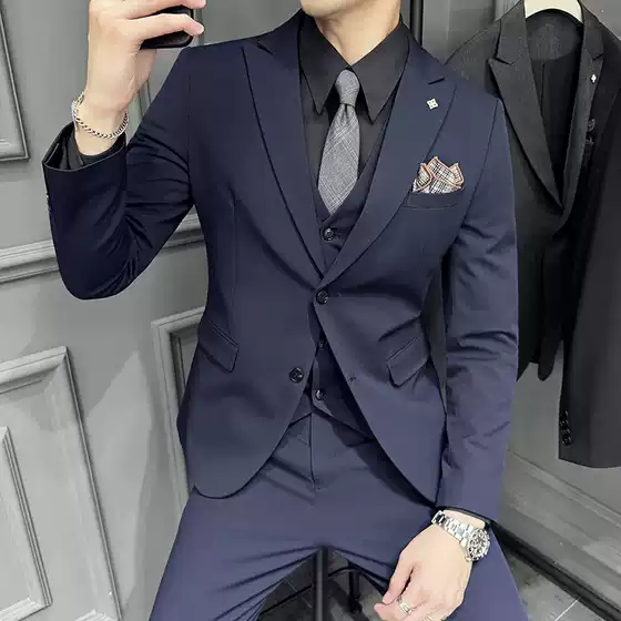 Live Men's Thin Barge Collar Two-grain Single-breasted Suit Three-piece Slim-fit plus size Double-split Suit suit