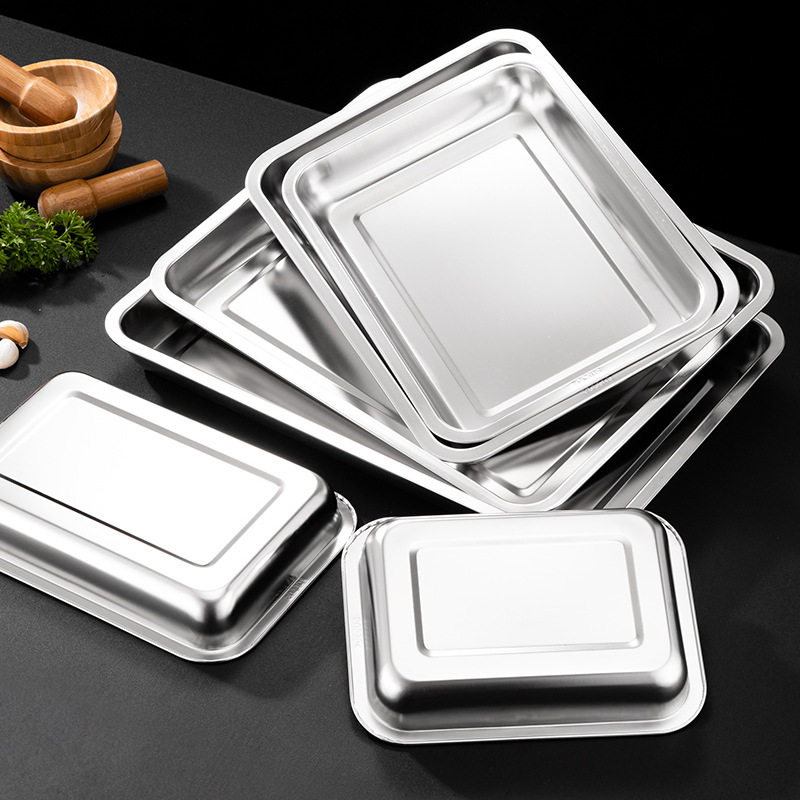 Stainless Steel Plate Thickened Stainless Steel Tray Commercial Grilled Fish Plate Canteen Steaming Rice Plate Household Stainless Steel Square Plate Wholesale