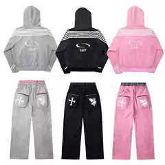 Spring and Autumn 2026 Sports Wide-Leg Pants Set with Print, European and American Street Style, Double Waistband Hooded Sweatshirt, Trendy Striped Design