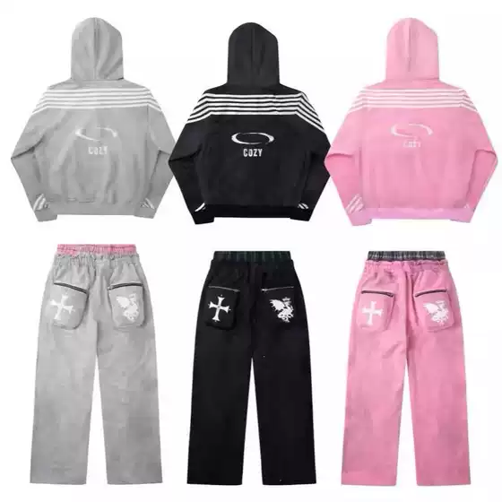 Spring and Autumn 2026 Sports Wide-Leg Pants Set with Print, European and American Street Style, Double Waistband Hooded Sweatshirt, Trendy Striped Design