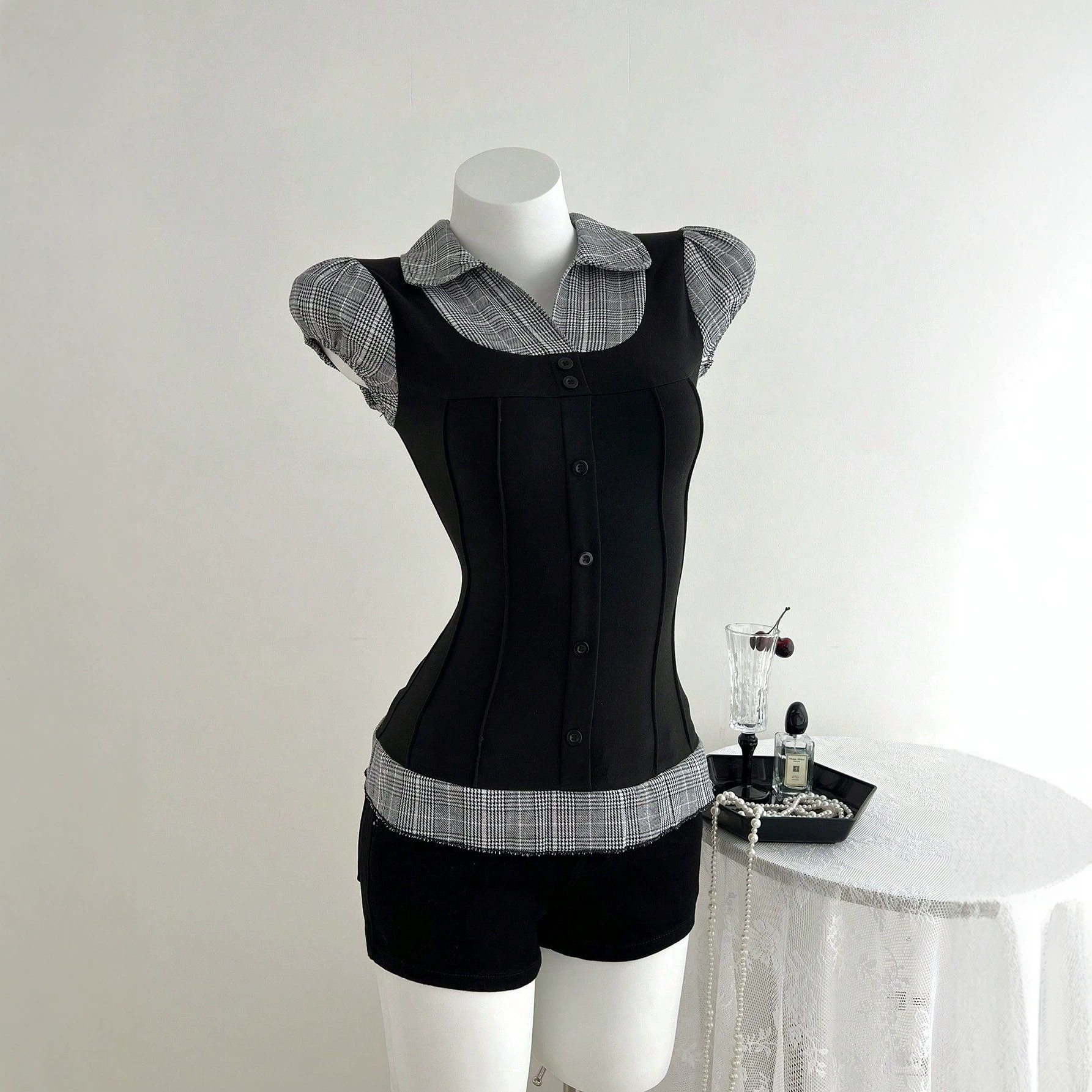 Color Block Plaid Short Sleeve T Shirt Slim Fit Waist Cinching Design Casual Style Ready to Ship Low MOQ