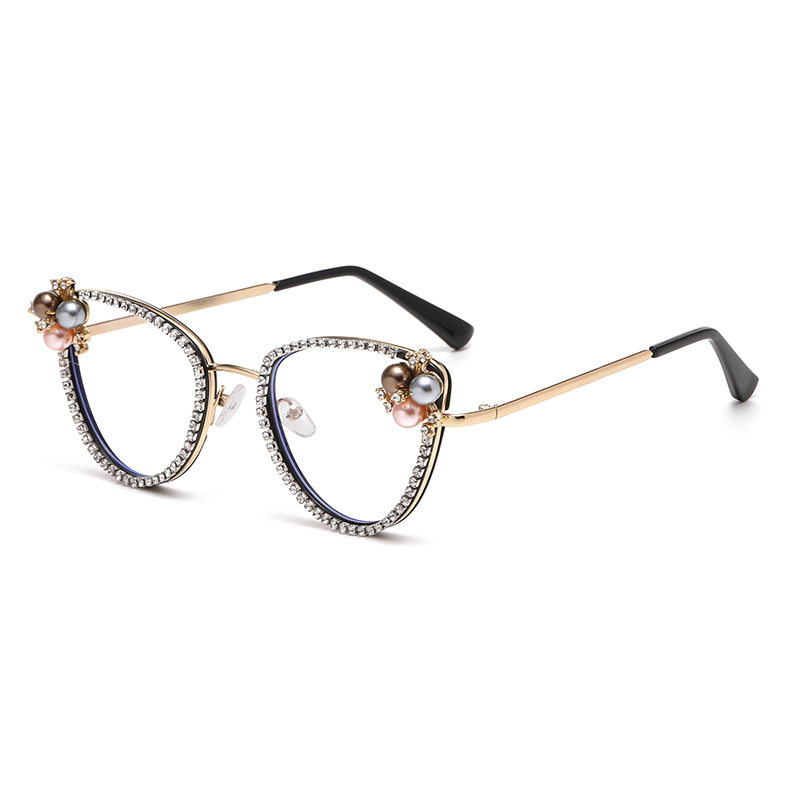 Luxury Women's Decorative Glasses Frame Diamond-encrusted Pearl Retro Cat's Eye Full Frame Square Flat Glasses Personalized Party Glasses