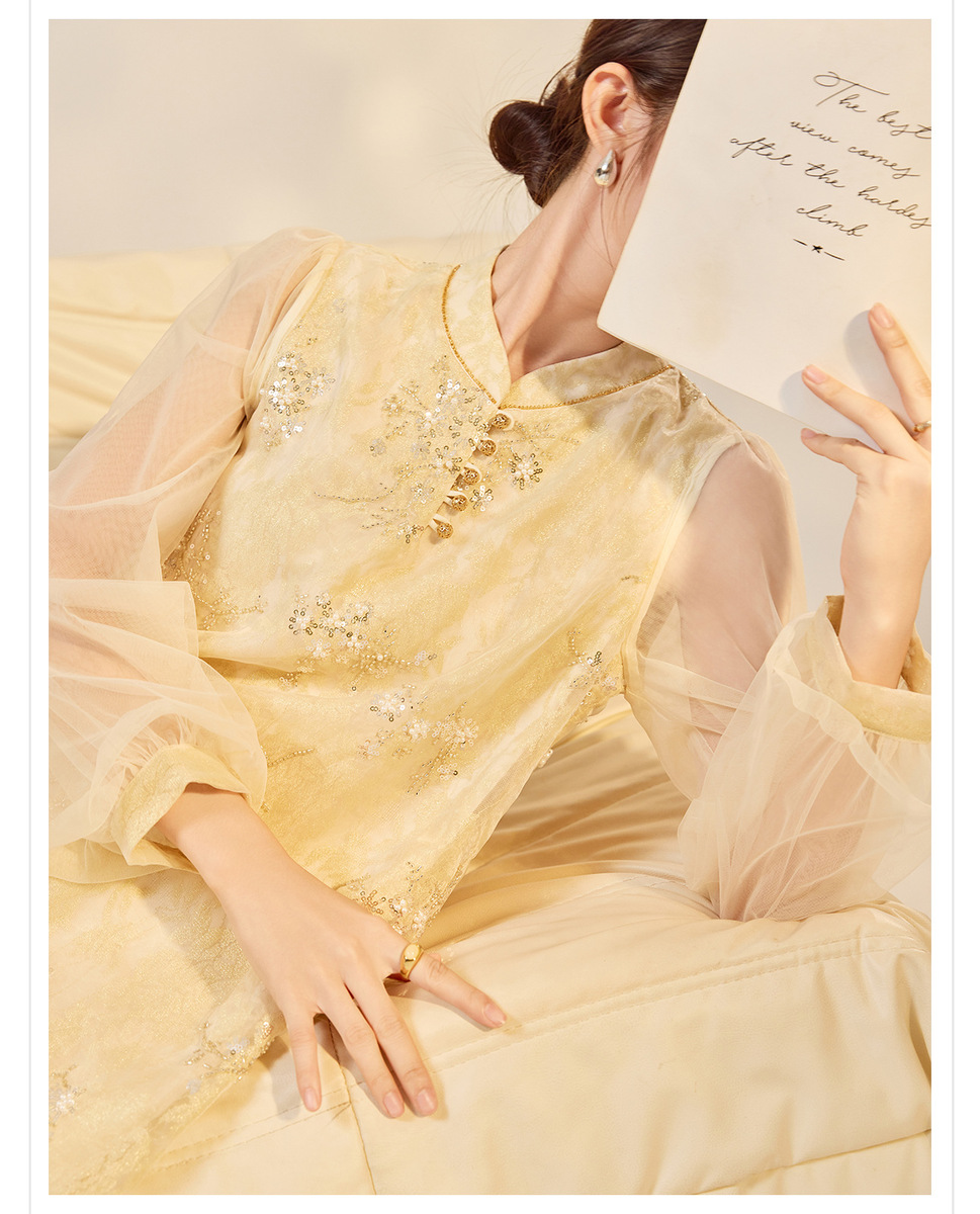 Đầm nữ cổ đứng thêu hoa dáng chữ A dài tay phong cách nghệ thuật — Vàng Champagne (giao hàng trong 7 ngày), Vàng Champagne (giao hàng trong ngày)
