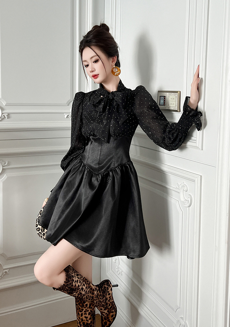 Đầm liền nữ cổ sơ mi thắt eo phối nơ dáng chữ A — Màu đen