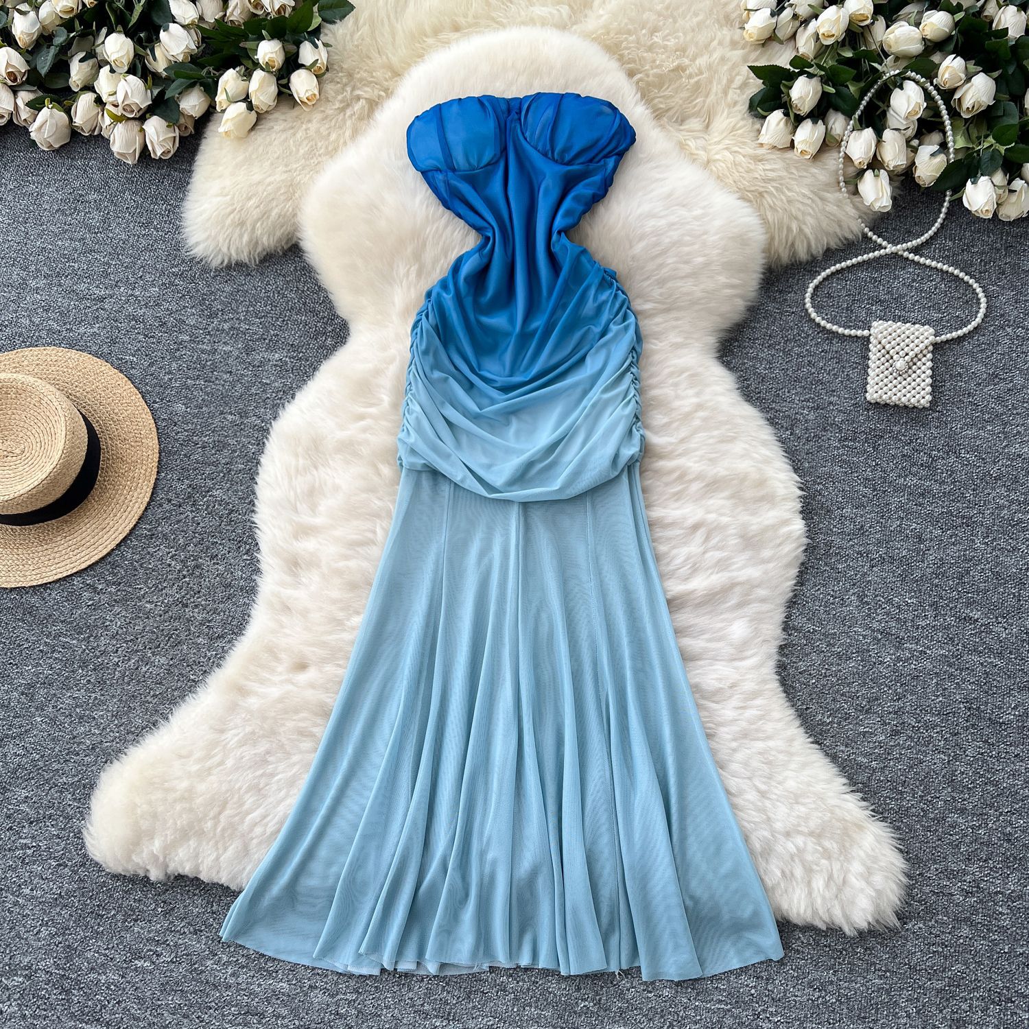 Strapless Mermaid Dress for Women Summer Elegant Gradient Color Ruffled Waist Mesh Fabric