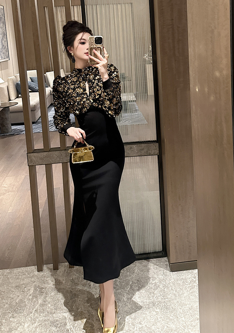 Đầm dài nữ màu đen thắt eo xẻ tà đính sequin dự tiệc — Màu đen