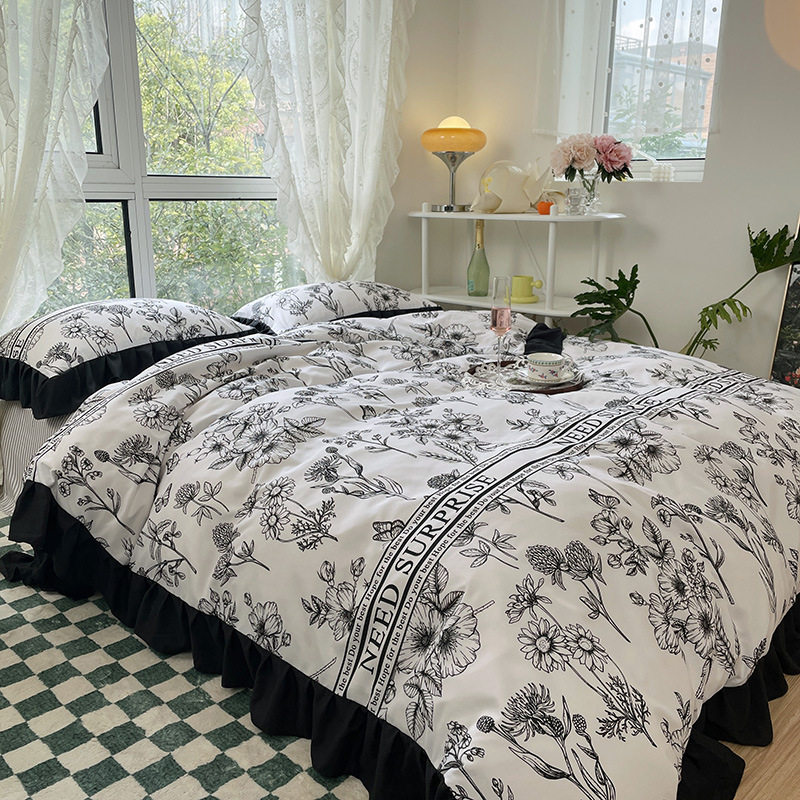 Korean style romantic washed cotton four-piece set thickened autumn and winter brushed Korean style Hepburn style Plaid series dormitory home