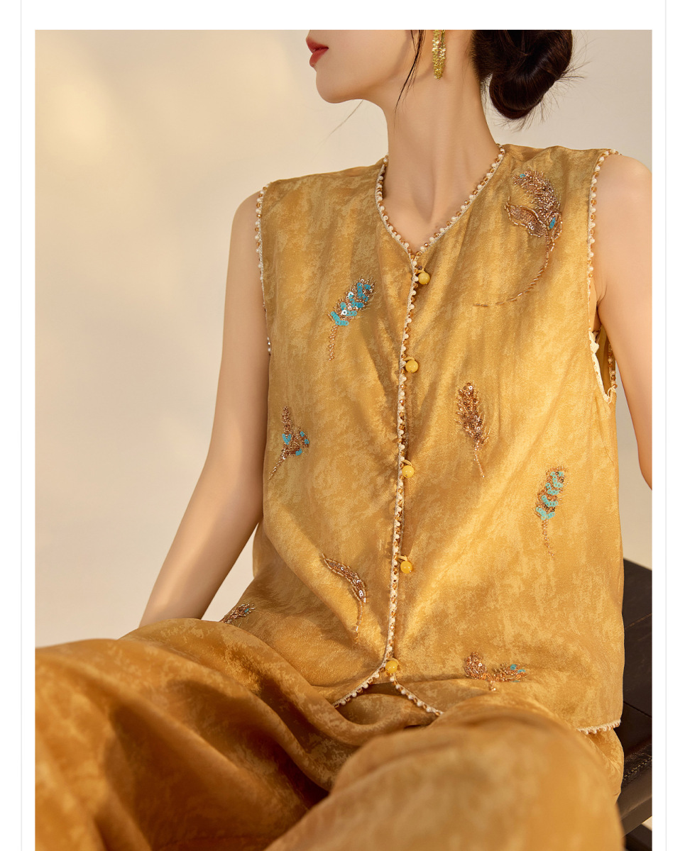 Set gile thêu đính cườm kèm quần dài nữ phong cách thanh lịch — Quần dài màu mơ, Quần dài màu xanh lục, Gi lê màu hồng, Gi lê màu xanh lục