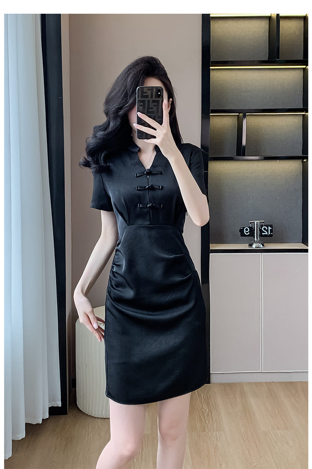 Váy Đầm Nữ Dáng Ôm Chiết Eo Phong Cách Trung Hoa Cổ Điển Màu Đen chi tiết 21